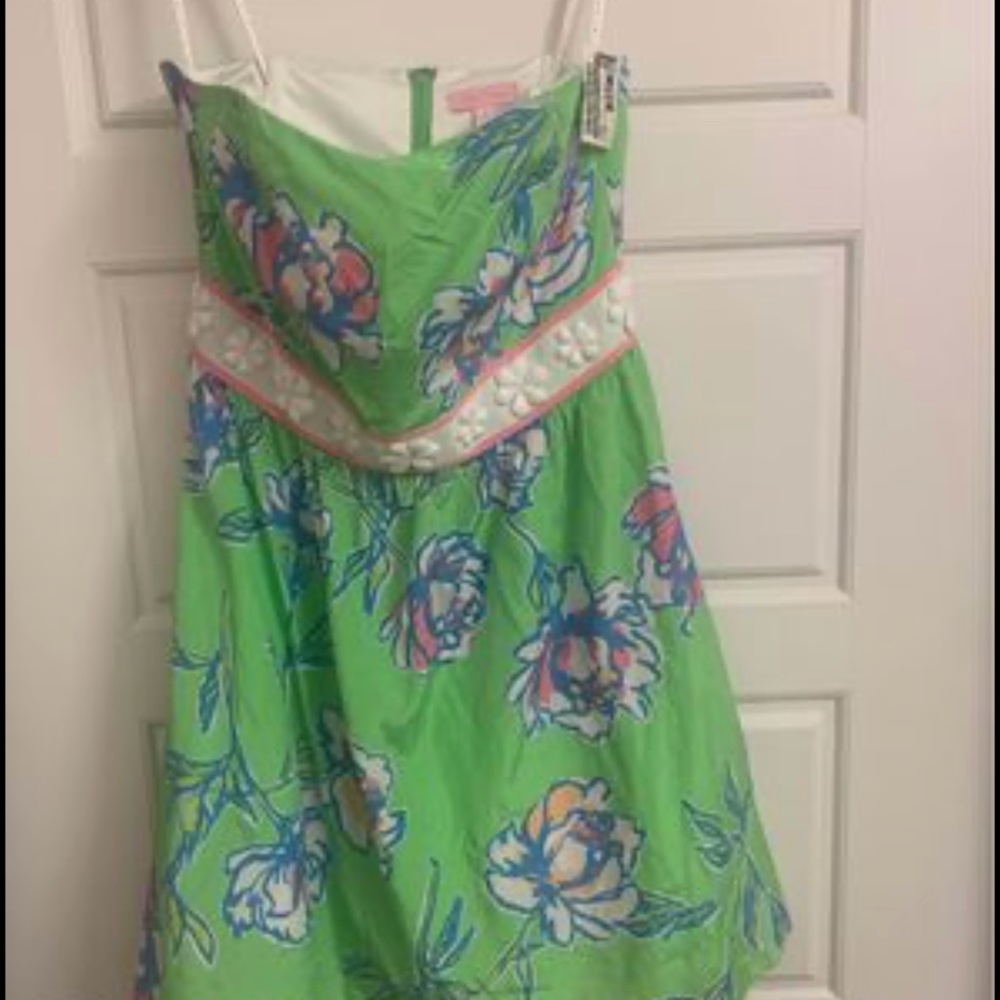 Strapless Lily Pulitzer summer cocktail dress size 6 green, pink, white, beaded